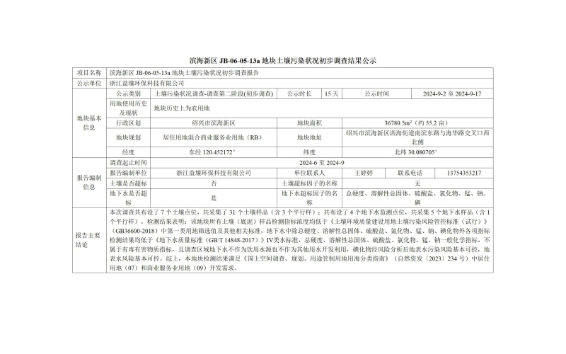 濱海新區(qū) JB-06-05-13a地塊土壤污染狀況初步調(diào)查結(jié)果公示