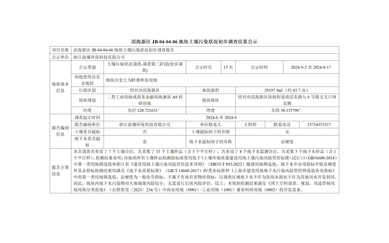 濱海新區(qū) JB-04-04-06 地塊土壤污染狀況初步調(diào)查結(jié)果公示